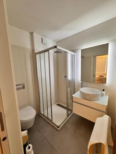 a bathroom with a toilet and a sink and a shower at Rooftop Teatro Aveiro in Aveiro