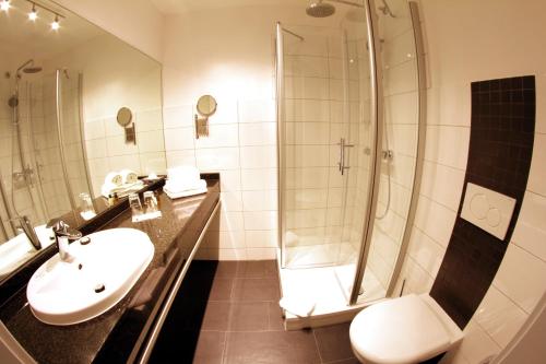 ein Badezimmer mit Waschbecken, Dusche und Toilette in der Unterkunft Hotel Eyberg in Dahn