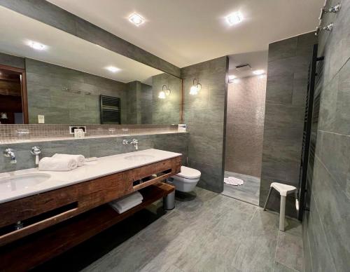 a bathroom with a sink and a toilet and a mirror at Luxus Chalet in Oberstaufen inkl Wellness Pool und Bergbahnen in Oberstaufen