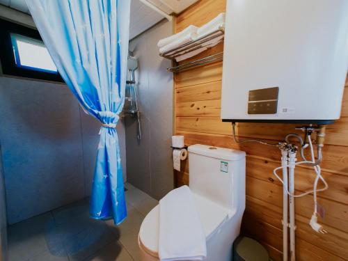 a bathroom with a toilet with a blue curtain at Roben Village in Suseni