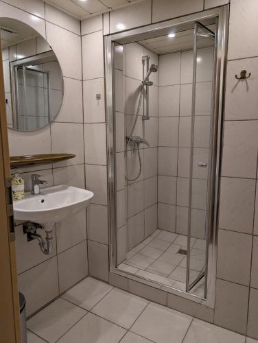 a bathroom with a shower and a sink at Drive & Dream Nürburgring in Drees