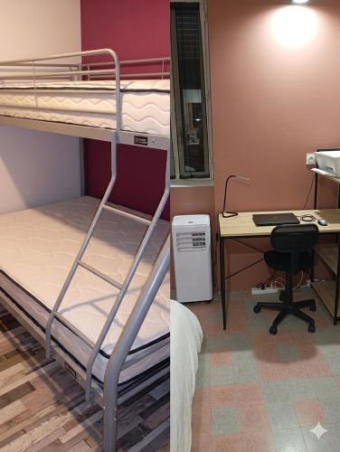 a dorm room with a bunk bed and a desk at L oxygène ardéchois gîte 3 in Ruoms
