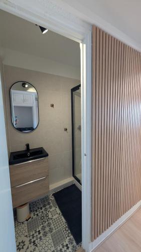 a bathroom with a sink and a television in it at Horizon Bleu Duplex 2 chambres vue mer in Palavas-les-Flots
