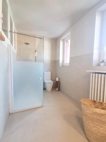 a bathroom with a toilet and a refrigerator at Villa Clair Matin in Ax-les-Thermes
