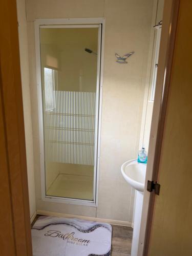a bathroom with a shower and a sink at sea view caravan park in Ingoldmells