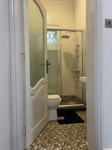 a bathroom with a glass shower and a toilet at His Goodness - Apt 2 in Katale