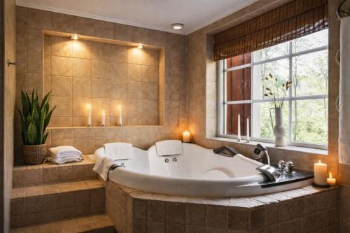 a large bathroom with a tub and a window at Vallevägen Country Retreat - Private Pond, Fireplace & Nature in Öglunda