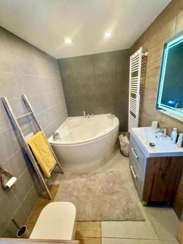 a bathroom with a tub and a toilet and a sink at Wendell Apartman in Nyíregyháza