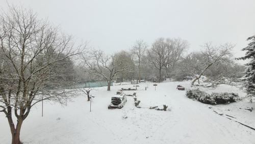 a snow covered street with cars parked in a park at Southfork Farma Všetice in Benešov