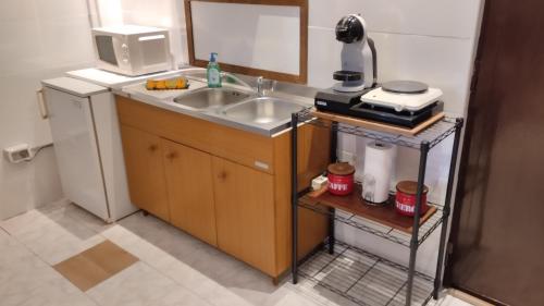 a small kitchen with a sink and a microwave at La Vecchia Posta in Anzano del Parco