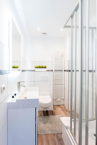 ein weißes Badezimmer mit Toilette und Waschbecken in der Unterkunft Hafencity Apartments in Tönning
