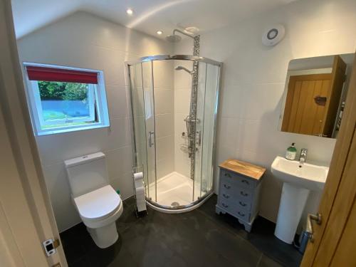 a bathroom with a shower and a toilet and a sink at Timbers in Truro