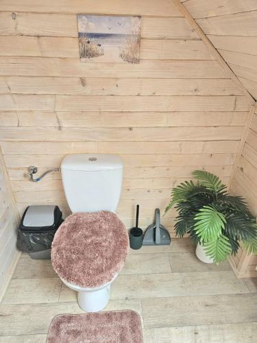 a bathroom with a toilet in a wooden wall at Vila Vannet II in Liptovský Mikuláš