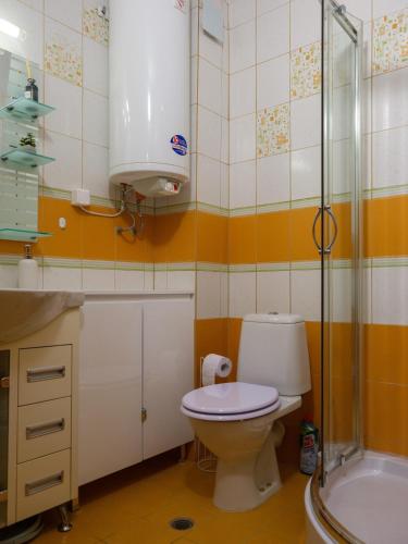 a bathroom with a toilet and a sink and a shower at Shazam Apartment Central, Stylish & Cozy near AUBG in Blagoevgrad