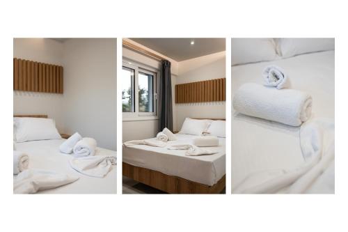three pictures of a room with two beds and towels at OLYMPIADA GIRNI Suites in Paralia Katerinis