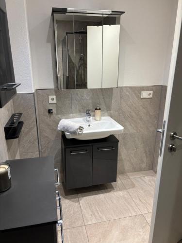 a bathroom with a sink and a mirror at Ferienhaus Weitblick Sankt Wendel in Sankt Wendel