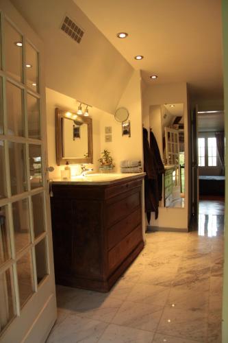 a bathroom with a sink and a mirror at La Bonne Auberge - Seine Panorama SAS in Vieux-Port