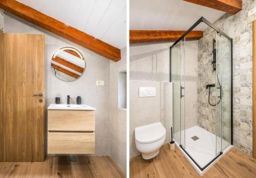 two images of a bathroom with a toilet and a shower at Villa STOCK 66 by Villsy in Štokovci