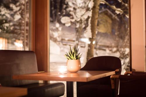 a table with a potted plant on it next to a window at Felbermayer Hotel & AlpineSpa-Montafon in Gaschurn
