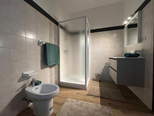 a bathroom with a shower and a toilet and a sink at Art Residency Borgo Castello in Gorizia