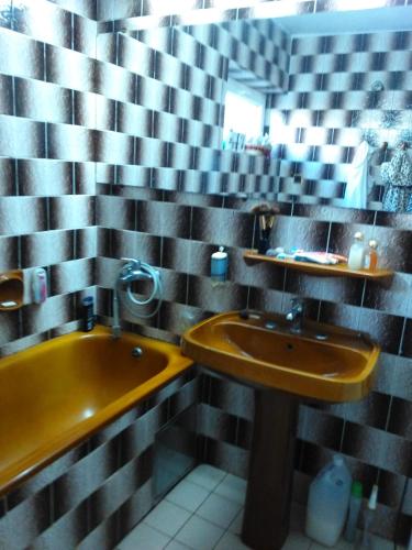a bathroom with a sink and a tub and a mirror at Ubytování Irena in Benešov