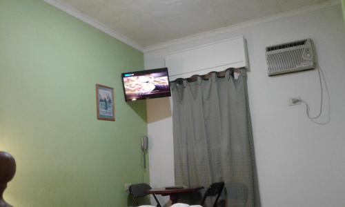 a living room with a tv and a curtain at Dennisse Hotel in Victoria