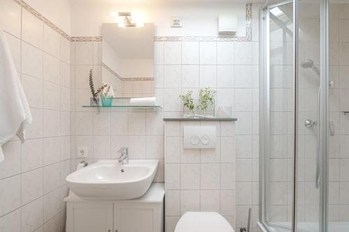a bathroom with a sink and a toilet and a shower at Dünensand in Süderende