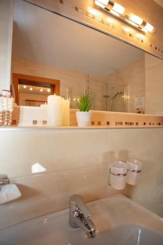 a bathroom with a sink and a large mirror at Alpenperle in Berwang