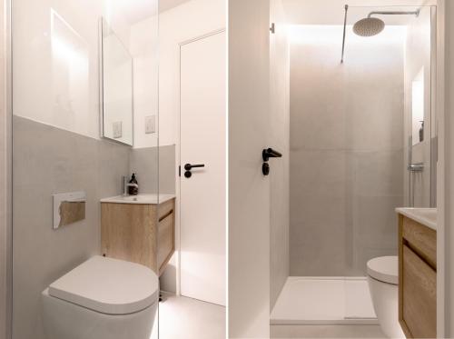 a white bathroom with a toilet and a shower at Bright Japandi 1BR Flat with Garden - Central Oxford in Oxford