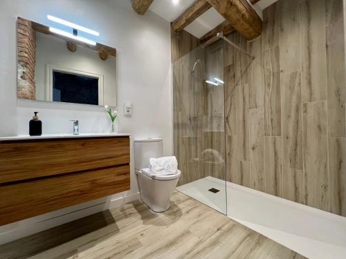 a bathroom with a shower and a toilet and a sink at Can Sole Rural in Granja de Escarpe