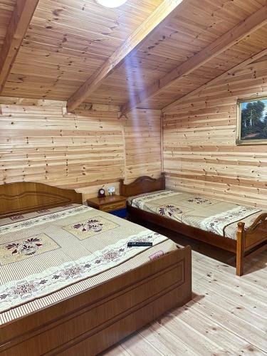 a room with two beds in a log cabin at Guesthouse Katerina in Përmet