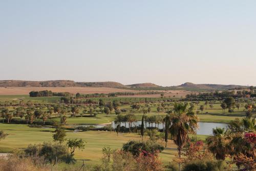 a view of a golf course with palm trees and a lake at Casa Veran at La Finca Golf in Algorfa