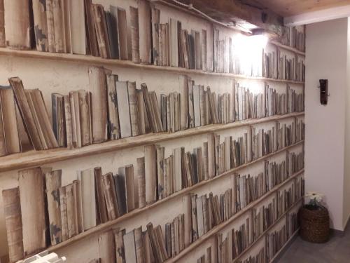 a book shelf filled with books on a wall at B&B Ca' La Vedescia in Teglio