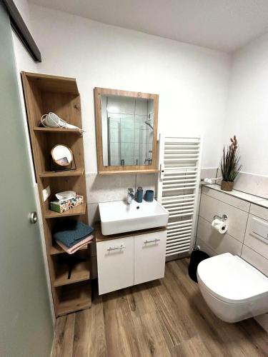 a bathroom with a white sink and a toilet at Ferienwohnung Naturgenuss in Oy-Mittelberg