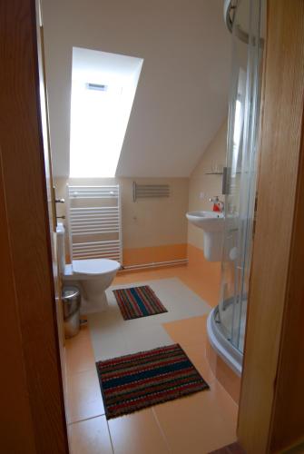 a bathroom with a toilet and a sink at Penzion Dvůr in Obora