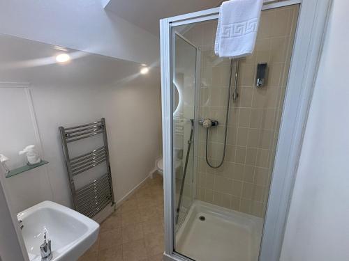 a bathroom with a shower and a sink at Cumbrian Lodge in Seascale