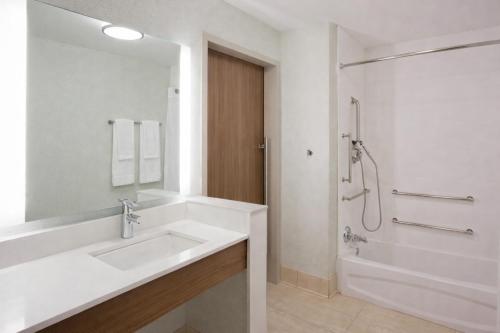 a bathroom with a sink and a shower at Holiday Inn Express and Suites Des Moines Downtown by IHG in Des Moines
