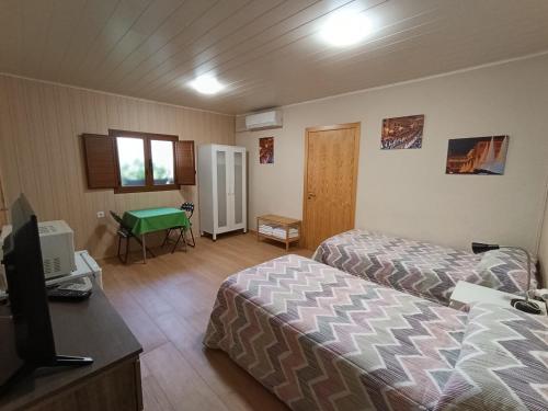 a bedroom with a bed and a desk with a television at Habitación independiente II en Casa Rural Javier in Valmuel