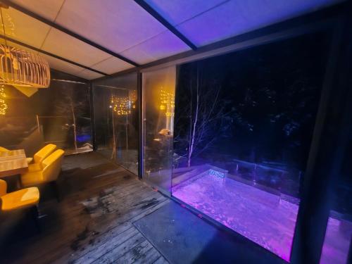 a room with a view of a room with a glass window at Trei Mândre by Cabana CeiTrei in Cozăneşti