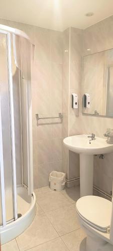 a bathroom with a sink and a toilet and a shower at Pension Casa Curro in Palas de Rei