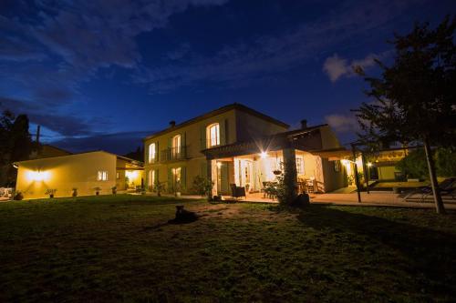 a house at night with a cat sitting in the yard at Chambre d'hôtes "La Bastide des Eucalyptus" in Antibes