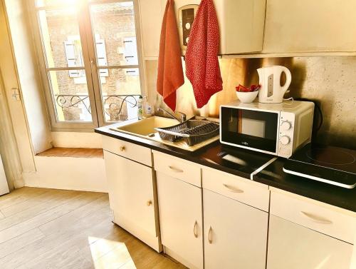 a kitchen with a microwave and a sink and a window at Le Repos Poitevin Studio Atypique in Vivonne