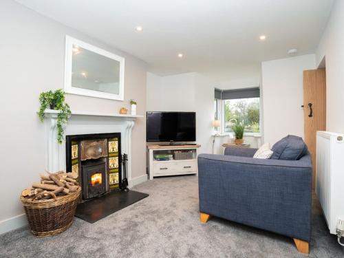 a living room with a blue couch and a fireplace at Pencefn Cottage in Llanddeiniolen