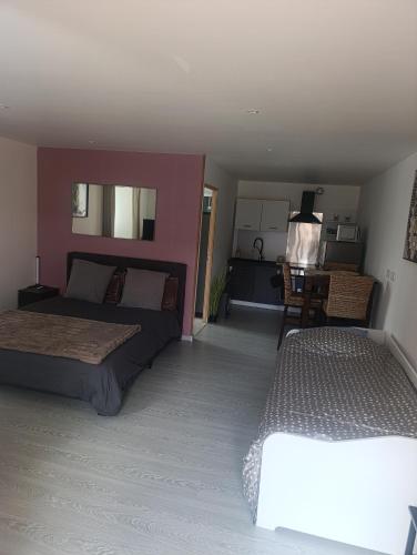 a bedroom with two beds and a table in it at Grand studio dans maison parking privé gratuit in Eschentzwiller