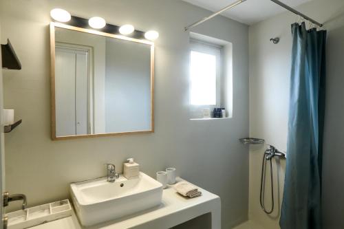 a bathroom with a sink and a mirror and a shower at Blue & Earth Kea in Ioulis