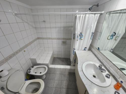 a bathroom with a toilet and a sink and a shower at Departamento Microcentro San Rafael in San Rafael