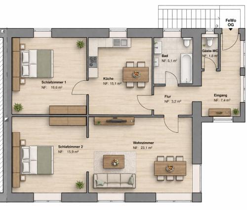 a floor plan of a house at Apartment Rosie - Rustikal und top ausgestattet und ideal für Gruppen bis 6 Personen und Hund, egal ob Familie, Kollegen oder Freunde, 85qm mit Garten und eigener Garage in Riegelsberg