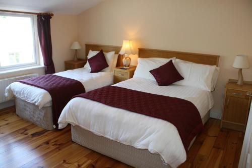 a hotel room with two beds and a window at Carrowntober House B & B in Oughterard