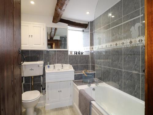 a bathroom with a tub and a toilet and a sink at Orchard View in Alfreton