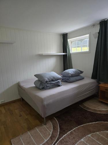 a bed with two pillows and a window in a room at Hamrebakken overnatting in Kvinesdal